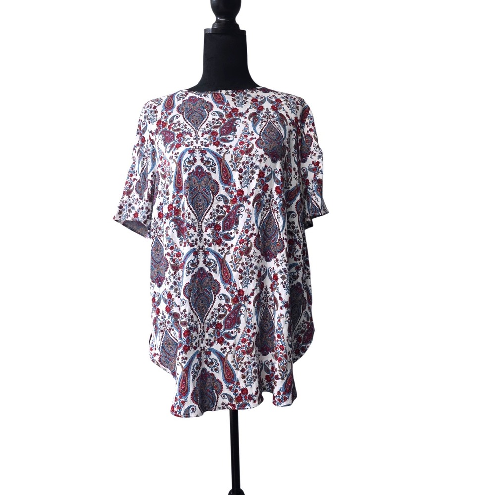 HM Womens Paisley Floral Short Sleeve Blouse White Blue Red Size 12‎ 0684588 8